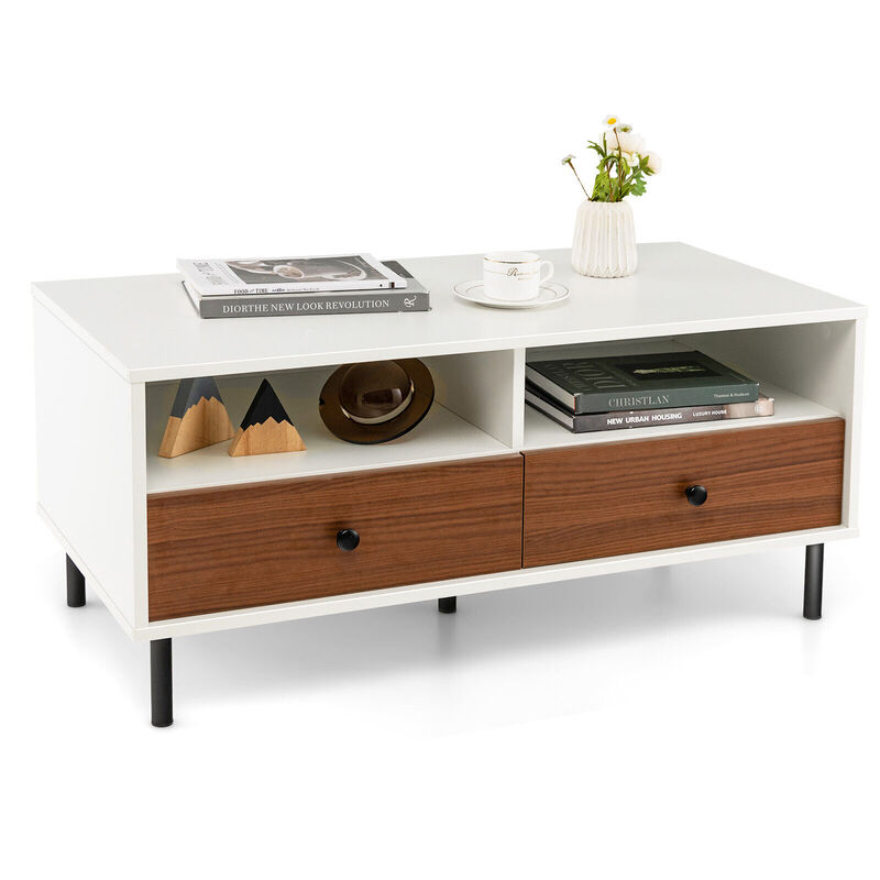 2 Tier 40 Inch Length Modern Rectangle Coffee Table with Storage Shelf and Drawers-White