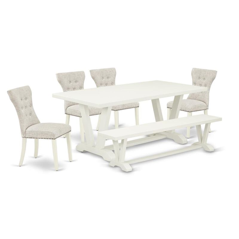 East West Furniture 6-Pc Dining Room Table Set- 4 Parson Dining Chairs with Doeskin Linen Fabric Seat and Button Tufted Chair Back - Rectangular Top & Wooden Legs Dining Table and Wooden Dining Bench