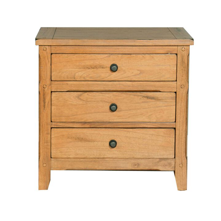 Marv Nightstand, 3 Drawers, Rustic Light Brown Solid Wood 29 Inch - Benzara