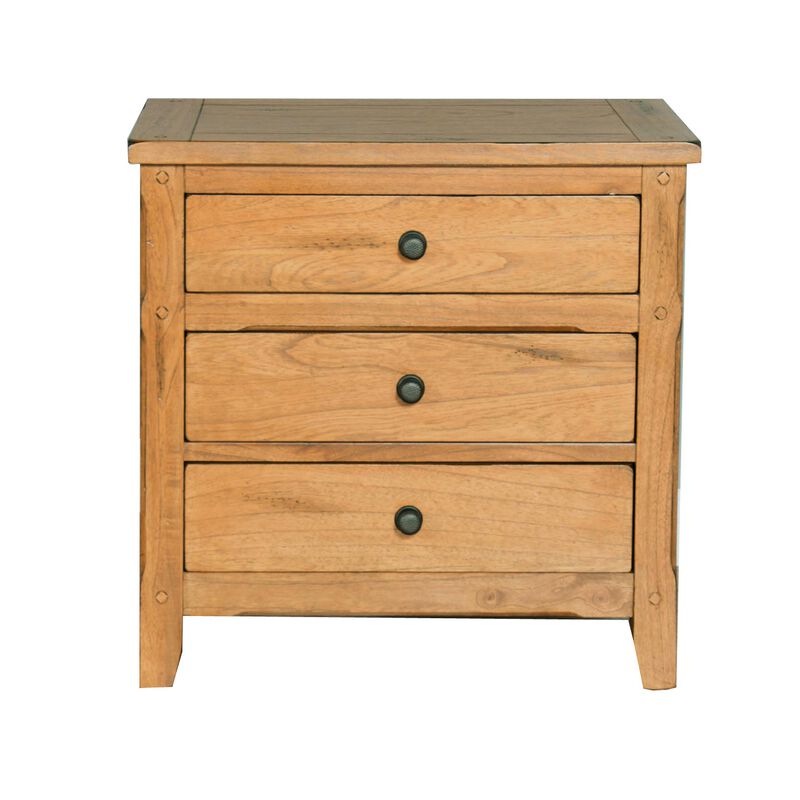 Marv Nightstand, 3 Drawers, Rustic Light Brown Solid Wood 29 Inch - Benzara