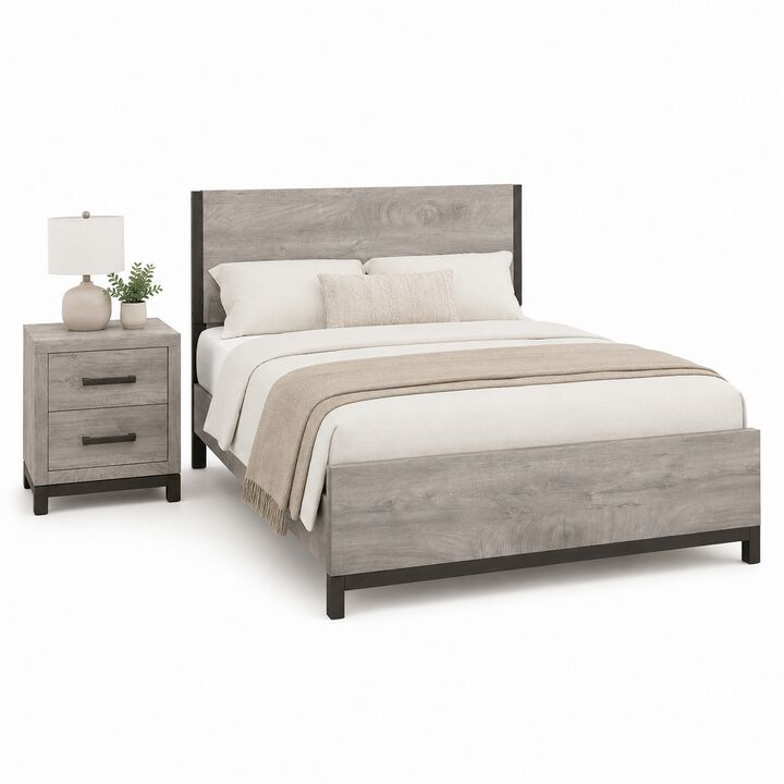 Queen Bedroom Set, Gray Wood, 2 Piece Set with Nightstand