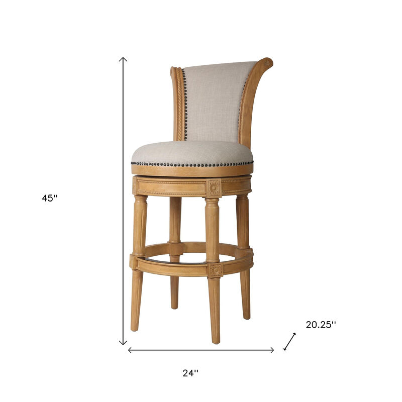 HomeRoots 30" Beige and Natural Fabric and Solid Wood Bar Height Swivel Bar Chair image number 6
