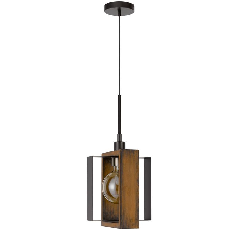 Gen 9 Inch Mini Pendant Light Fixture w Bulb, Black Metal, Pine Wood - Benzara