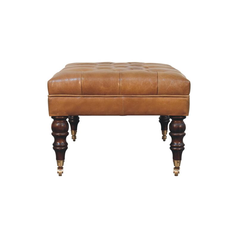 Artisan Furniture Solid Wood, Upholstered California Walnut Buffalo Tan Leather Ottoman with Castor Legs