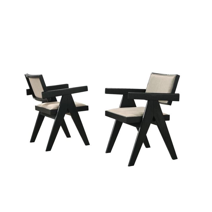 Jasper 21"W Set of 2 Ebony Black Dining Arm Chairs with Beige Upholstered Seat