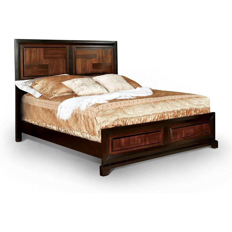 Transitional Queen Size Bed Acacia / Walnut Solidwood 1pcs Bed Parquet Design Headboard And Footboard Bedframe