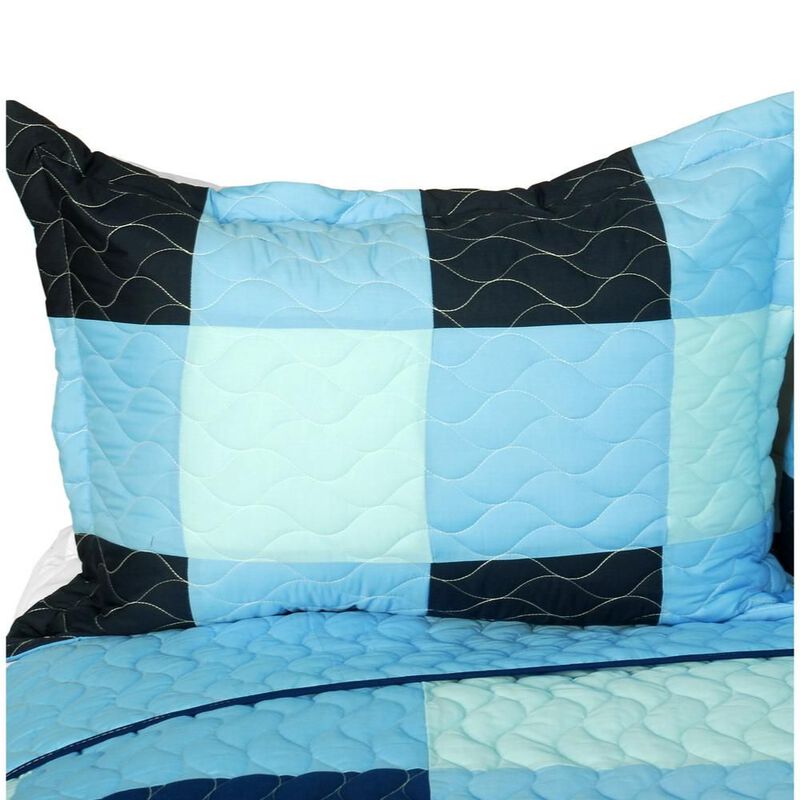 3 Piece Queen Size Printed Quilt Set with Quilted Design and Machine Washable Fabric-Blue image number 4