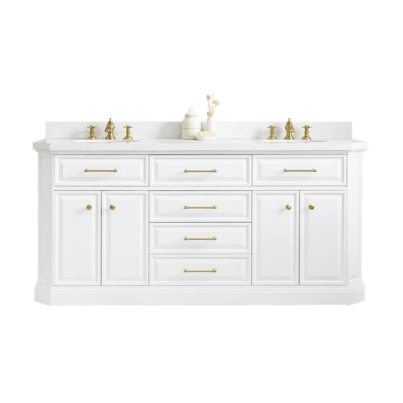 Palace 72 In. Double Sink Carrara Quartz Countertop Bath Vanity in Pure White with Satin Gold Hardware