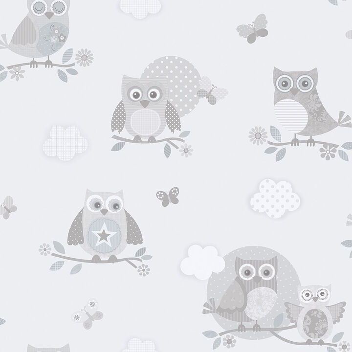 Just 4 Kids 2 Mono Owls Silver Grey Wallpaper G56503
