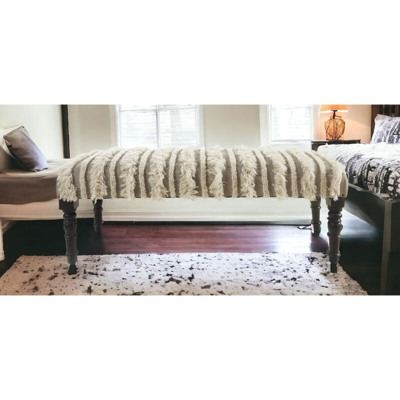 Textured Boho Accent Bench – Upholstered Stripe Seat with Solid Wood Legs