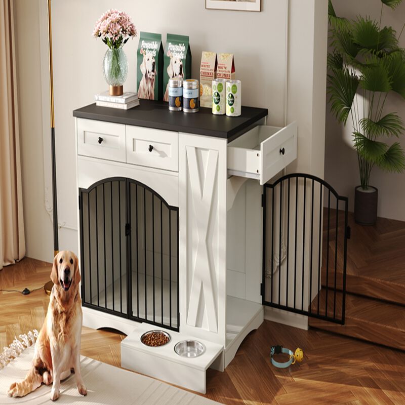 Whisen 43.3" Indoor Wooden Cabinets, Dog Kennel with 3 Drawers and Removable Feeder image number 2