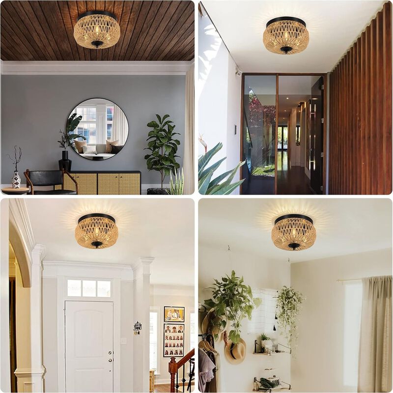ELEMENT ACE 3-Light Hand-Woven Rattan Flush Mount Ceiling Light Fixture with Hollow Cage Shade Perfect for Bedroom, Kitchen, Foyer, Porch, Living Room and Entry Hall image number 5
