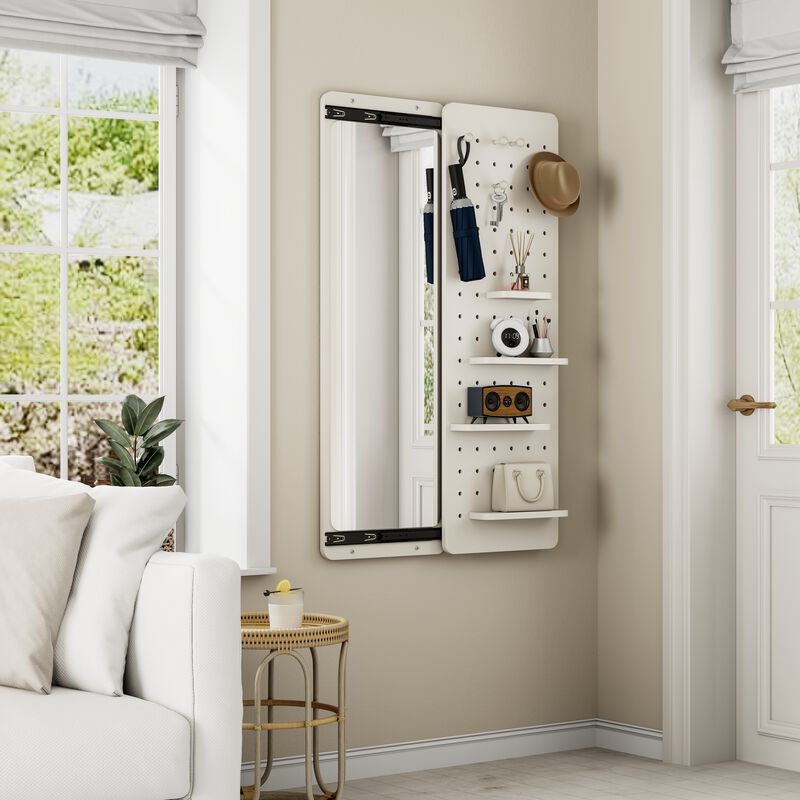ELEMENT ACE Wall-Mounted Full Length Mirror with Sliding Panel, Multi-Functional Storage Shelves & Hooks, Space Saving for Bedroom, Living Room, Entryway image number 9