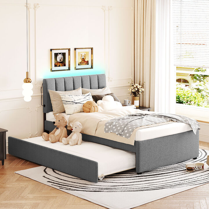 Merax Teddy Fleece Twin Size Upholstered Platform Bed with Trundle