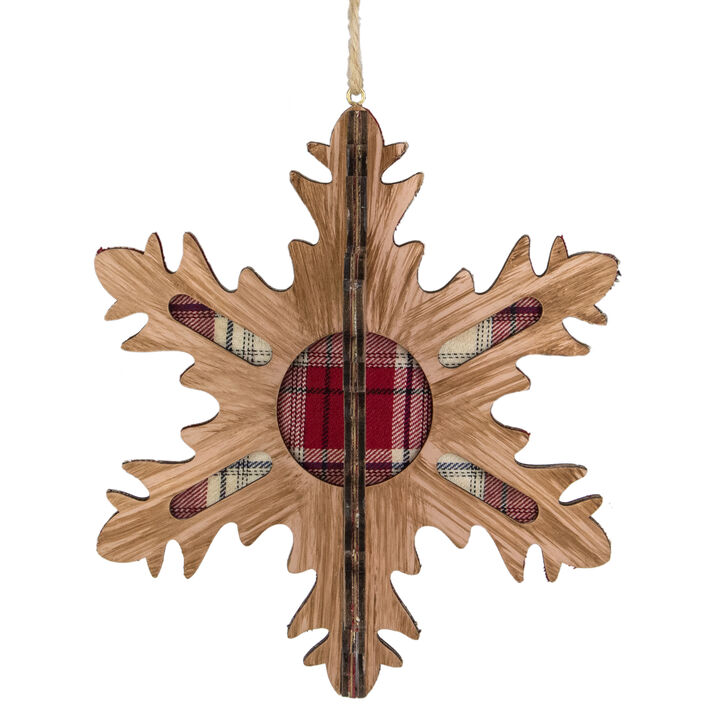 7-Inch 3-D Faux Wood and Red Plaid 10 Point Snowflake Christmas Ornament