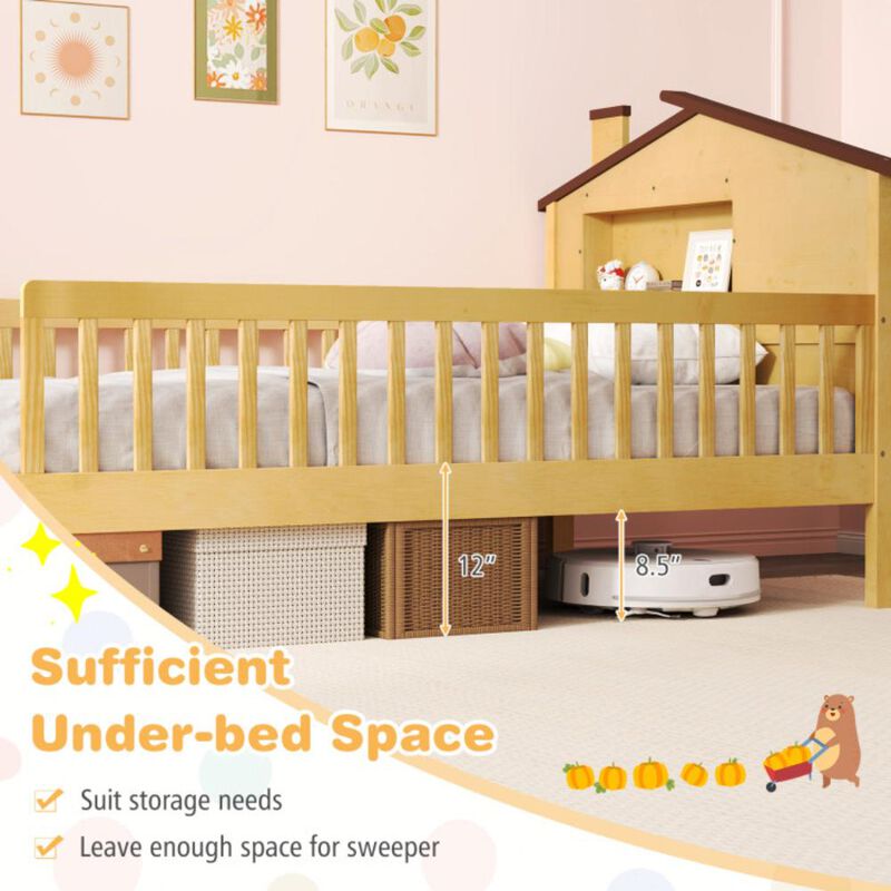 Hivvago Twin Size Kids Montessori Bed with House-Shaped Headboard and Built-in Storage Shelf