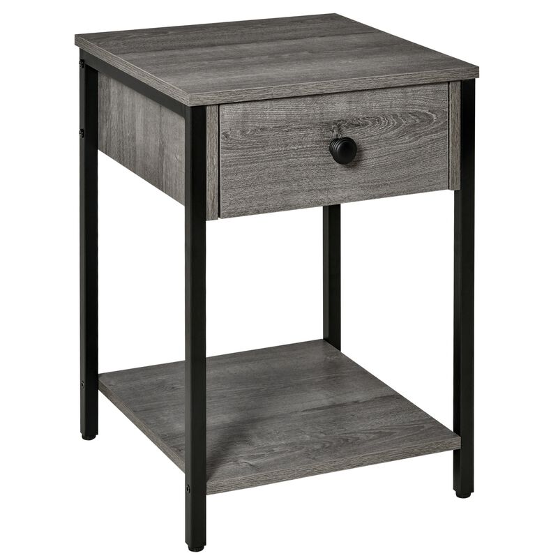 Grey Industrial Table: End Table with Drawer and Storage Shelf