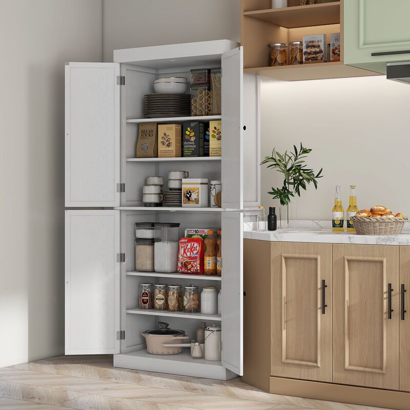 72" White Elegant Kitchen Pantry: Doors, Shelves, Storage
