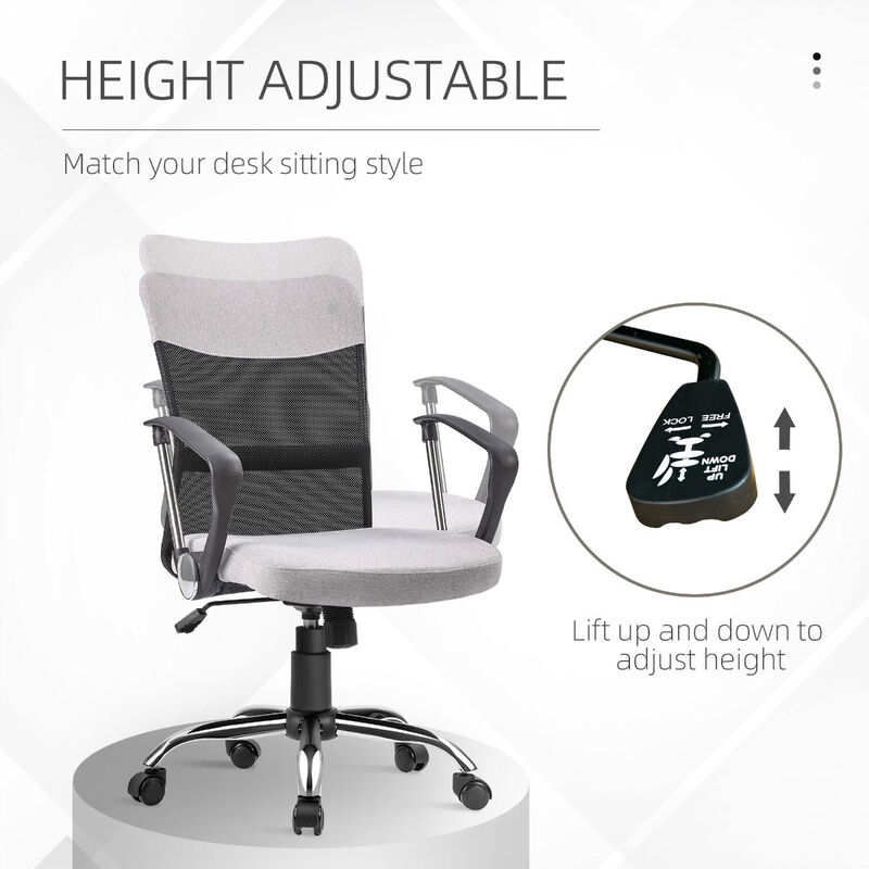 Mid Back Ergonomic Desk Chair Swivel Mesh Fabric Computer Office Chair with Backrest, Armrests, Rocking, Adjustable Height, Grey/Black