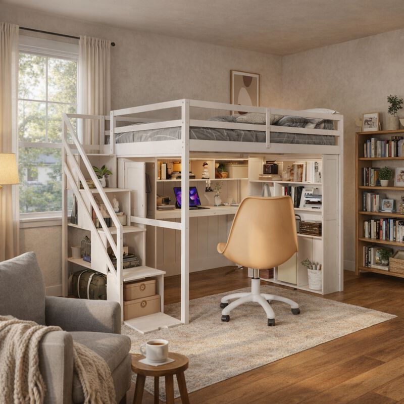 Whisen Full Loft Bed with Wardrobe Desk Shelves, Solid Wood Space-Saving for Bedroom Kids image number 1