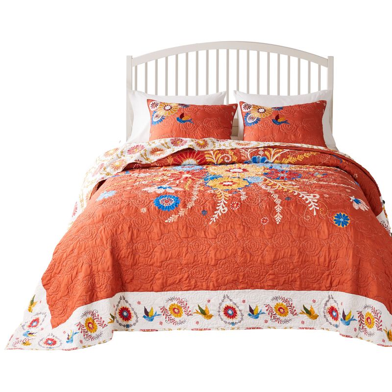Xan 3pc King Bedspread and Pillow Sham Set, Bouquet Print, Multicolor - Benzara