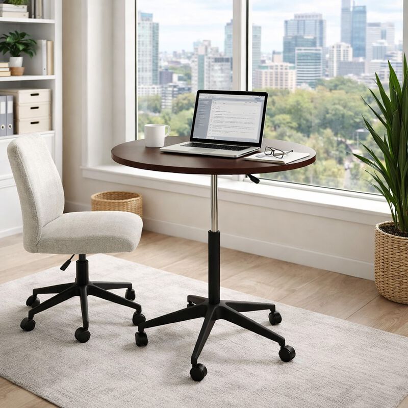 Mobile Table w Casters, Round Wood Top, Height Adjustable, Brown 27-38 Inch image number 8