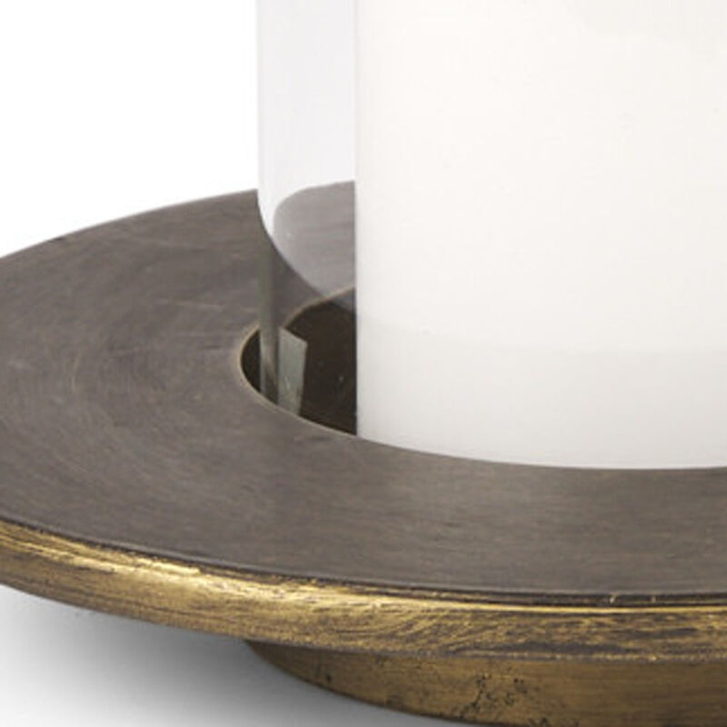 HomeRoots Set of Two Gold Distressed Geometric Metal Tabletop Hurricane Candle Holders