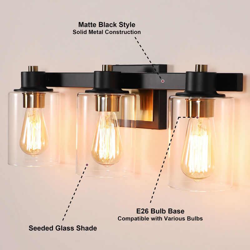 22.5"Black and Gold 3-Light Indoor Wall Sconce with Clear Glass Shades image number 3