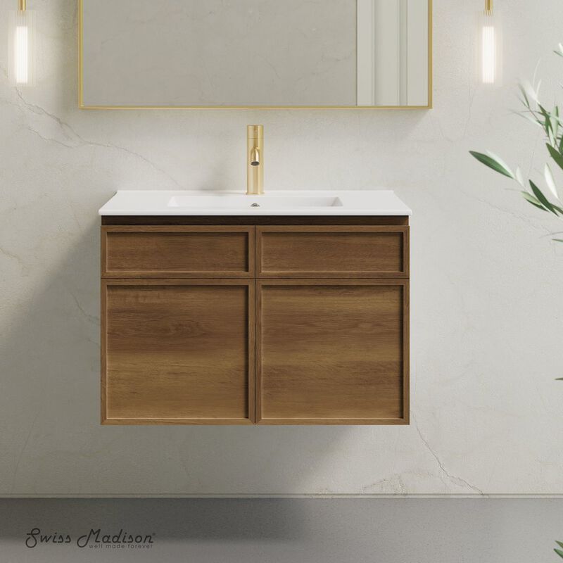 St. Tropez 30" Wall-Mounted Bathroom Vanity in Brown Oak with Sink Top image number 1