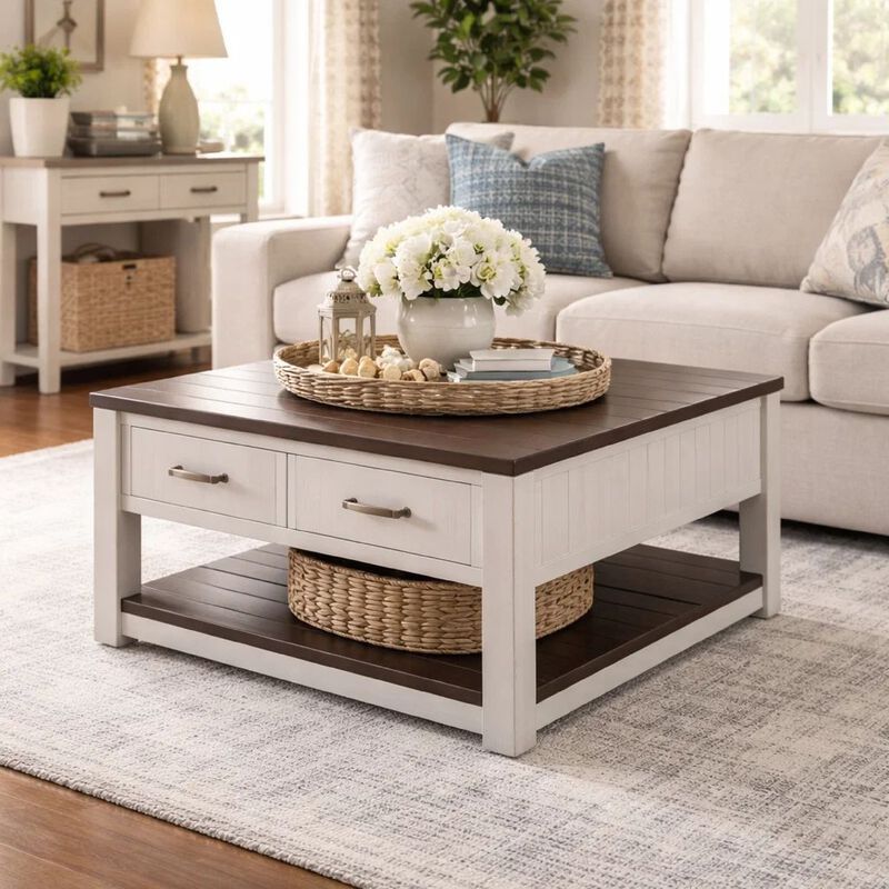 Barb Coffee Table, 2 Drawers and Lift Top, 36 Inch Gray Acacia Wood image number 1