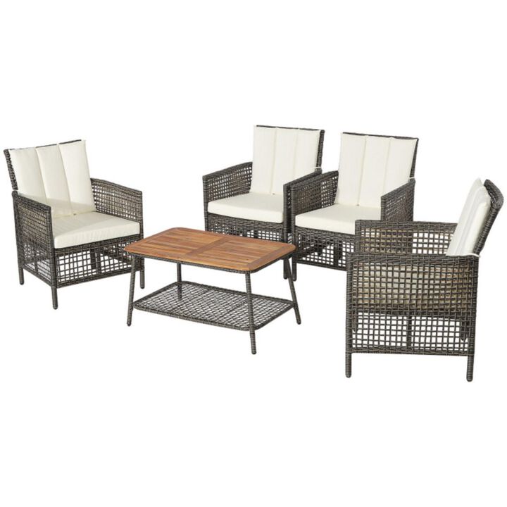 Hivvago 5 Pieces Patio Rattan Furniture Set Cushioned Sofa Armrest Wooden Tabletop
