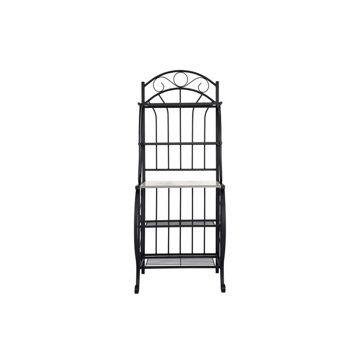 Cia 5 Tier Bakers Rack, Faux Marble Shelf, Black Metal Scrollwork - Benzara