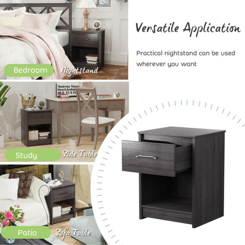 Hivvago Wooden Nightstand with Drawer and Open Storage Compartment