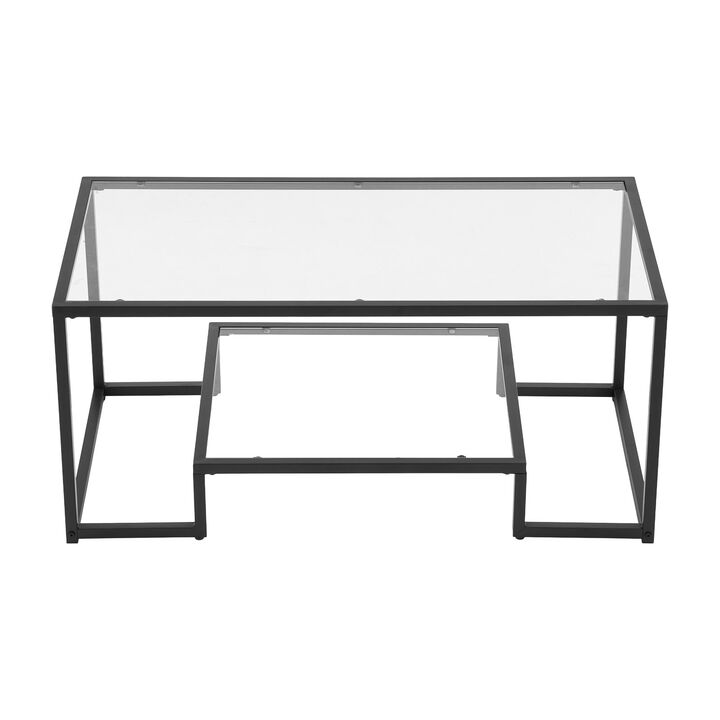 Modern Glass Coffee Table with Open Storage and Metal Frame