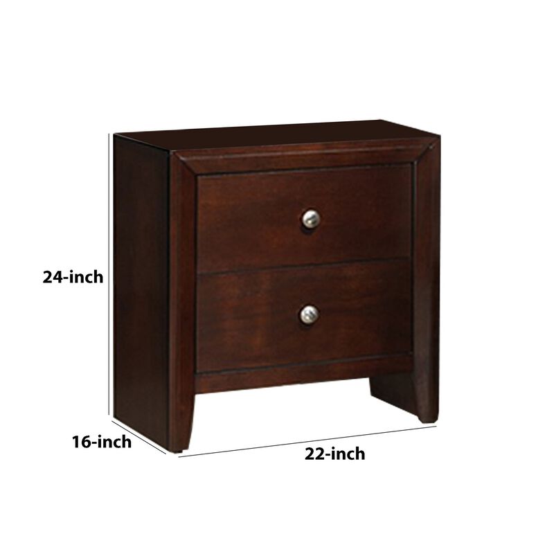 24 Inches 2 Drawer Wooden Nightstand with Metal Pulls, Brown-Benzara