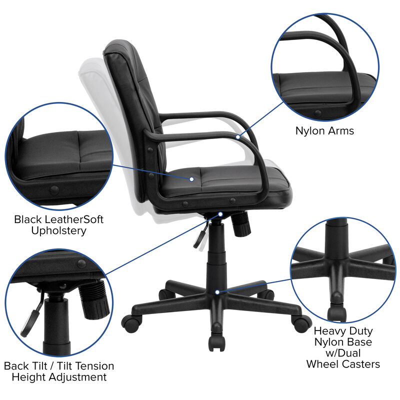 Rider Mid-Back Black LeatherSoft Swivel Task Office Chair with Arms image number 5