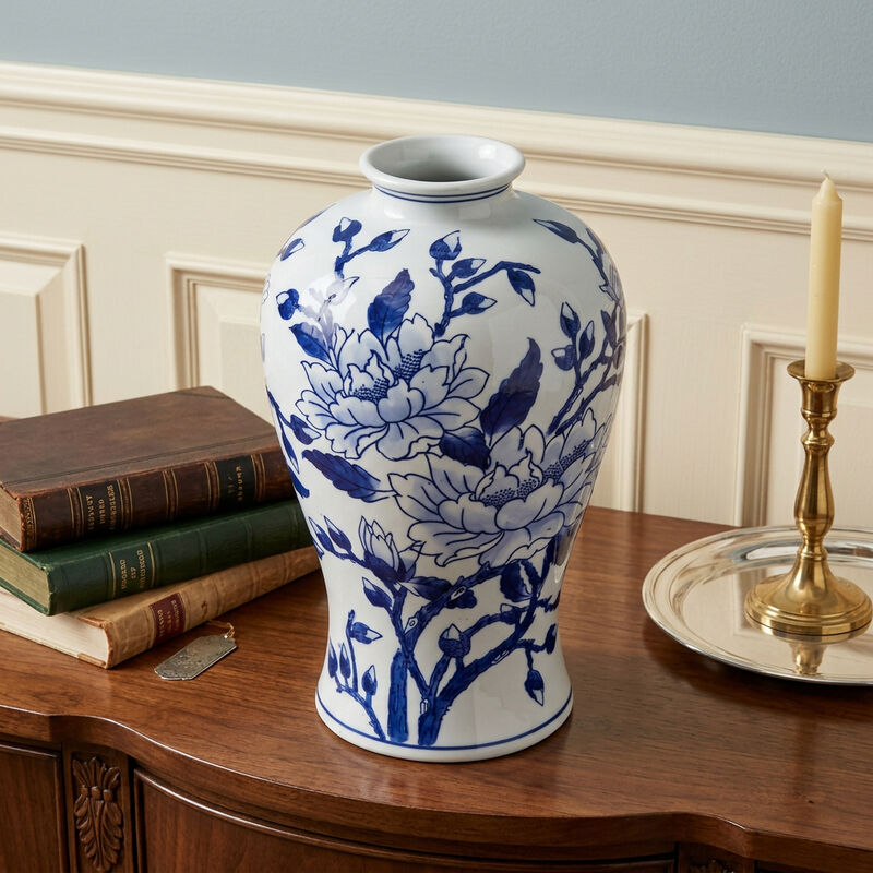 HomeRoots 13" Blue And White Floral Chinoiserie Round Porcelain Table Vase image number 1