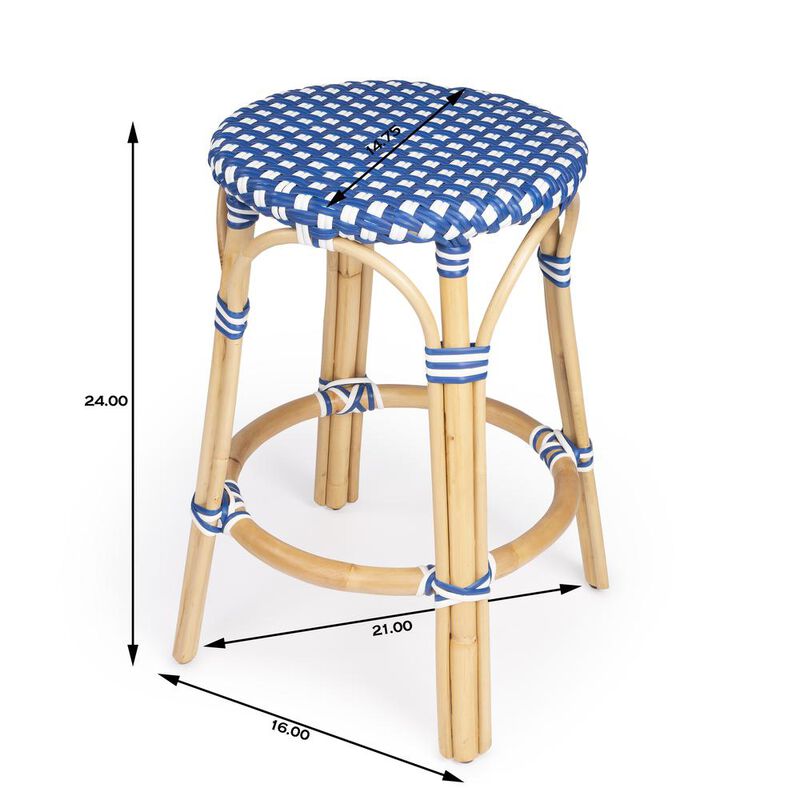 Butler Specialty Tobias Rattan Round 24 Counter Stool, Blue and White Dot