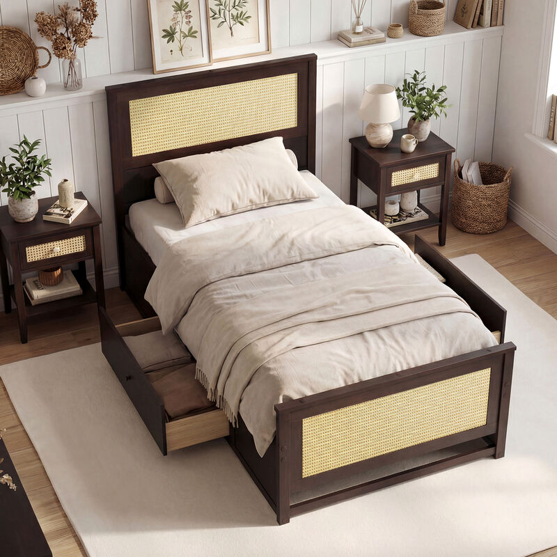 Twin Size Bed Frame with Rattan Headboard and Storage Drawers image number 3