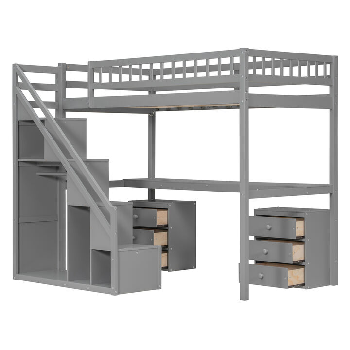 Merax Twin Size Multi-Functional Loft Bed with Staircase, Desk & LED Lights