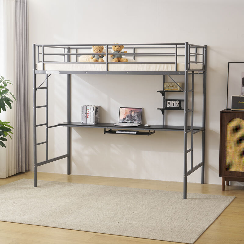 Metal Loft Bed with Desk, Storage Shelves, Dual Ladders & Full-Length Guardrails, No Box Spring Needed
