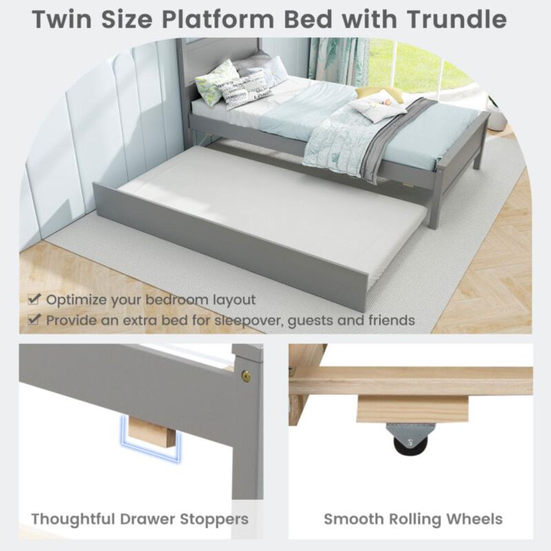 Hivvago Twin Size Wooden Bed Frame with Trundle for Teens and Adults