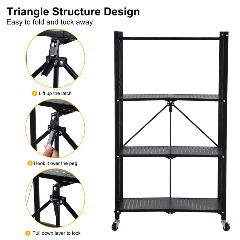 4-Tier Heavy Duty Foldable Metal Rack Storage Shelving Unit with Wheels Moving Easily Organizer Shelves Great for Garage Kitchen Holds up to 1000 lbs Capacity, Black image number 4