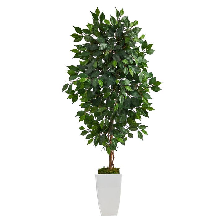Nearly Natural 4.5-in Ficus Artificial Tree in White Metal Planter