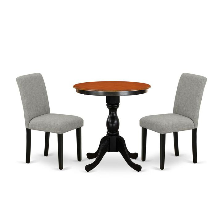 East West Furniture 3-Piece Dinette Set Include a Wooden Table and 2 Shitake Linen Fabric Padded Chairs with High Back - Black Finish