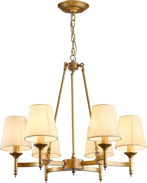ShipItFurniture Gold Wagon Wheel Chandelier With White Linen Shade 6-Light