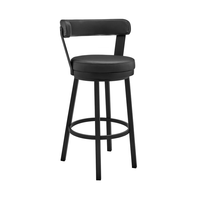 Emma 26 Inch Modern Counter Stool Chair, Vegan Faux Leather, Swivel, Black - Benzara