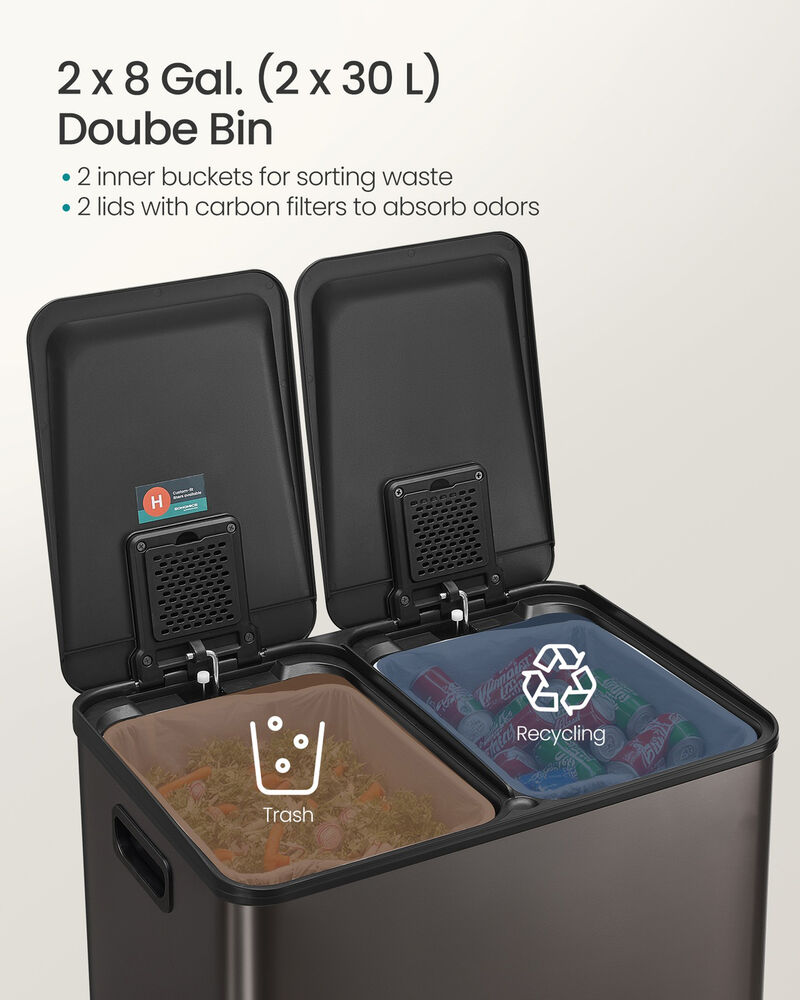 2 x 8 Gallon Dual Trash Can Soft Close Pedal Removable Buckets image number 3