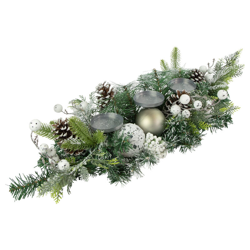 32" Green Frosted Pine Triple Candle Holder with Christmas Ornaments and Pinecones