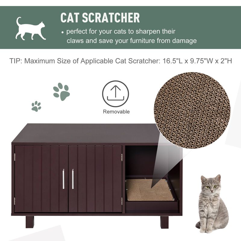 Wooden Cat Litter Box Enclosure & House with Nightstand/End Table Design  Scratcher & Magnetic Doors  Brown